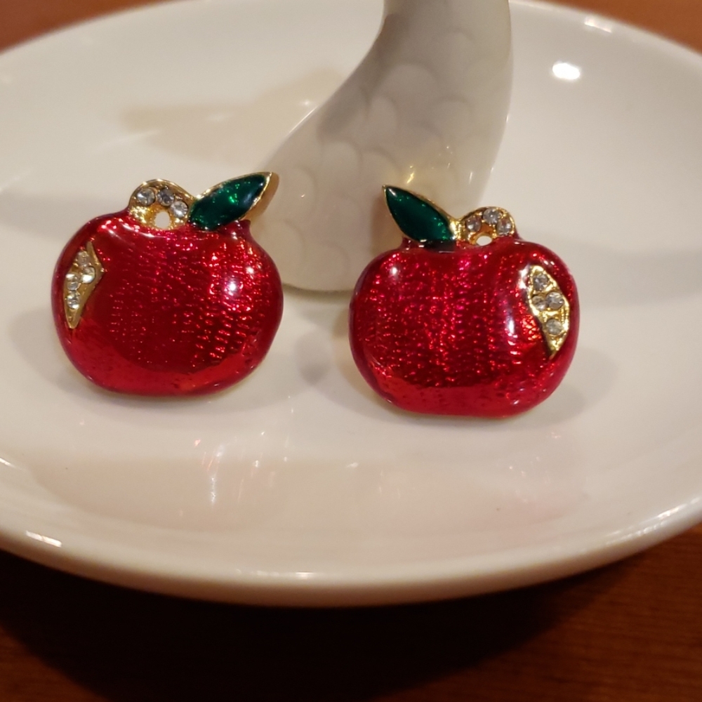 Red Apple with Crystal Stud Earrings